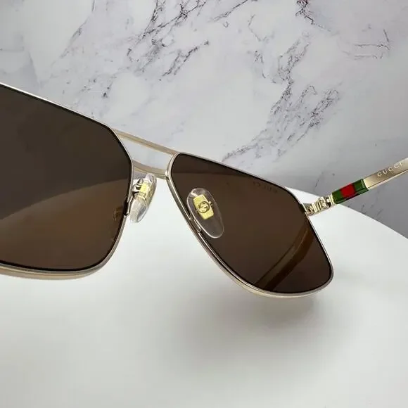 New GUCCI Sunglasses Gold Metal Square Aviator Pilot Red Green Web Logo Mens